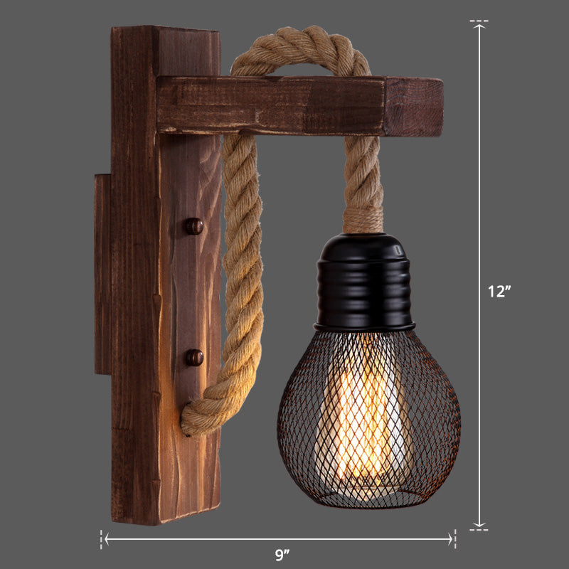 Lisslune | Wooden L-shaped Wall Support Lantern Farmhouse 1 Lamp Bedroom Wall Lamp with Rope Arm