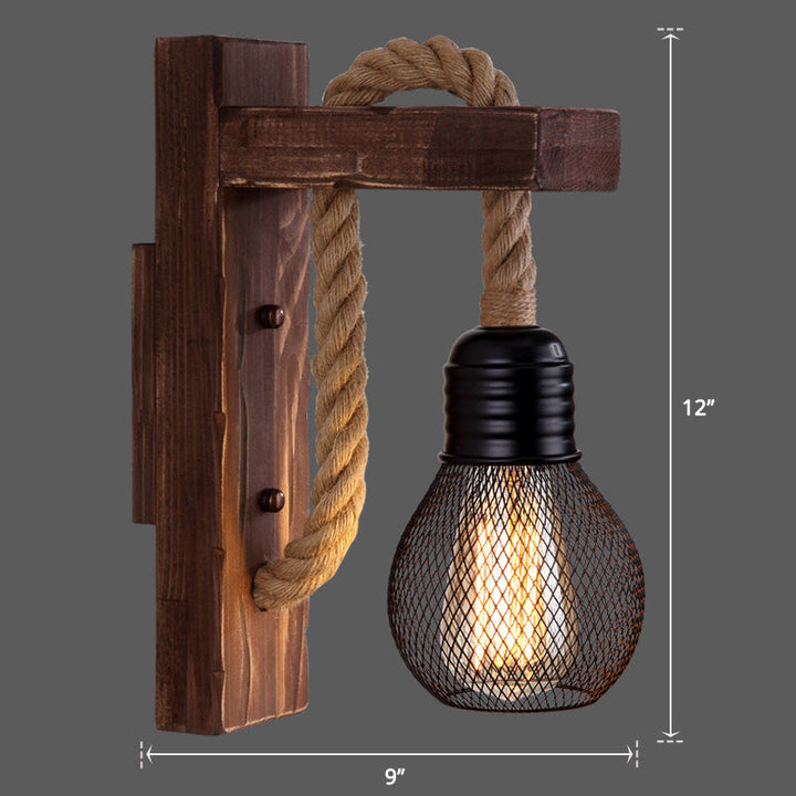 Lisslune | Wooden L-shaped Wall Support Lantern Farmhouse 1 Lamp Bedroom Wall Lamp with Rope Arm