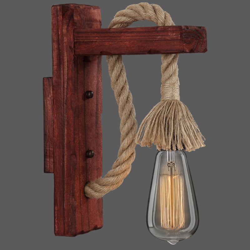 Lisslune | Wooden L-shaped Wall Support Lantern Farmhouse 1 Lamp Bedroom Wall Lamp with Rope Arm
