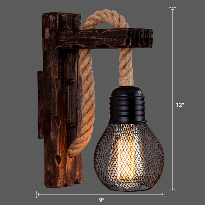 Lisslune | Wooden L-shaped Wall Support Lantern Farmhouse 1 Lamp Bedroom Wall Lamp with Rope Arm