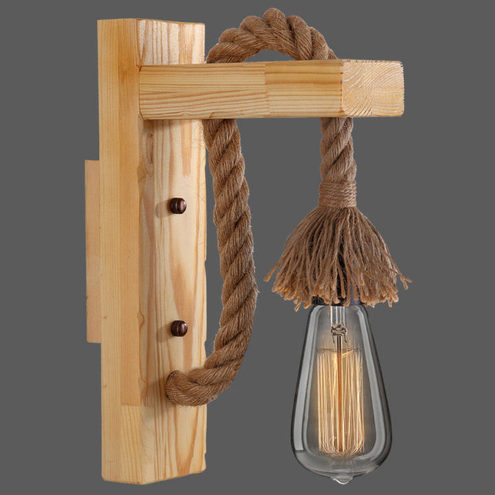 Lisslune | Wooden L-shaped Wall Support Lantern Farmhouse 1 Lamp Bedroom Wall Lamp with Rope Arm