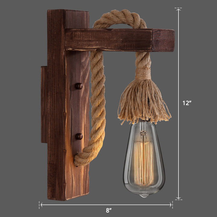 Lisslune | Wooden L-shaped Wall Support Lantern Farmhouse 1 Lamp Bedroom Wall Lamp with Rope Arm