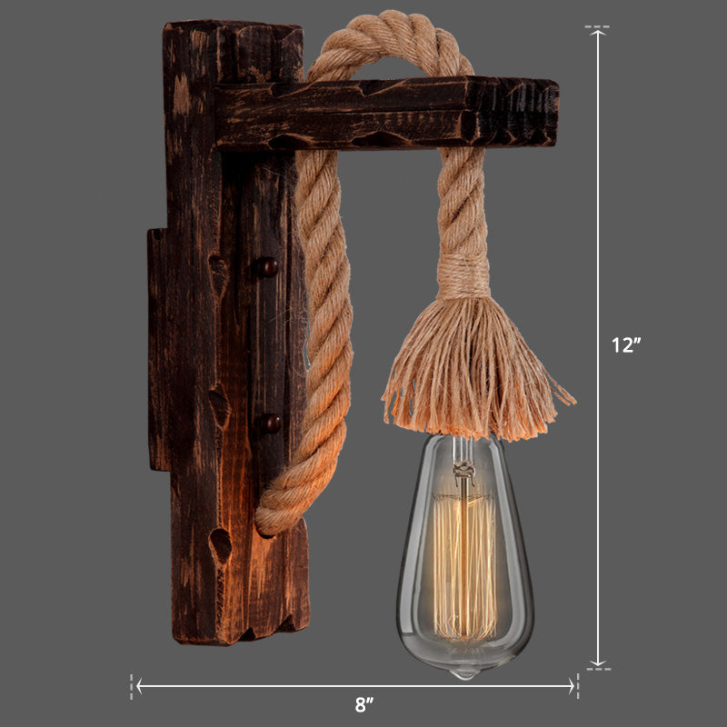 Lisslune | Wooden L-shaped Wall Support Lantern Farmhouse 1 Lamp Bedroom Wall Lamp with Rope Arm