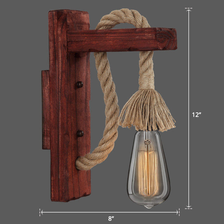 Lisslune | Wooden L-shaped Wall Support Lantern Farmhouse 1 Lamp Bedroom Wall Lamp with Rope Arm