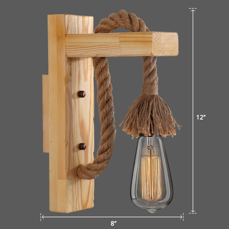 Lisslune | Wooden L-shaped Wall Support Lantern Farmhouse 1 Lamp Bedroom Wall Lamp with Rope Arm