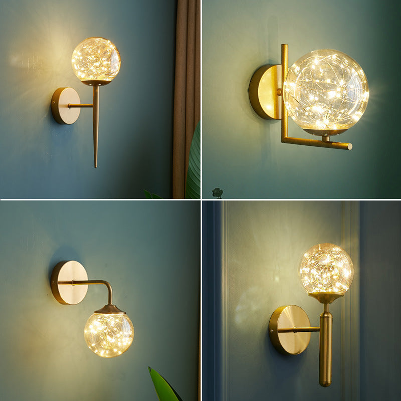 Lisslune | Ball Blown Glass Wall Lamp Fixture Nordic Gold Finish LED Wall Lighting with String Light