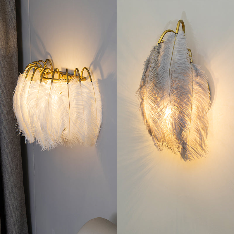 Lisslune | 2 Light Modern Metal Wall Sconce Feather Shade Wall Lighting for Bedroom