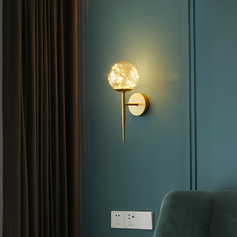 Lisslune | Round Ball Wall Lamp Postmodern Clear Glass Gold Wall Lamp with Stars LED String Lights