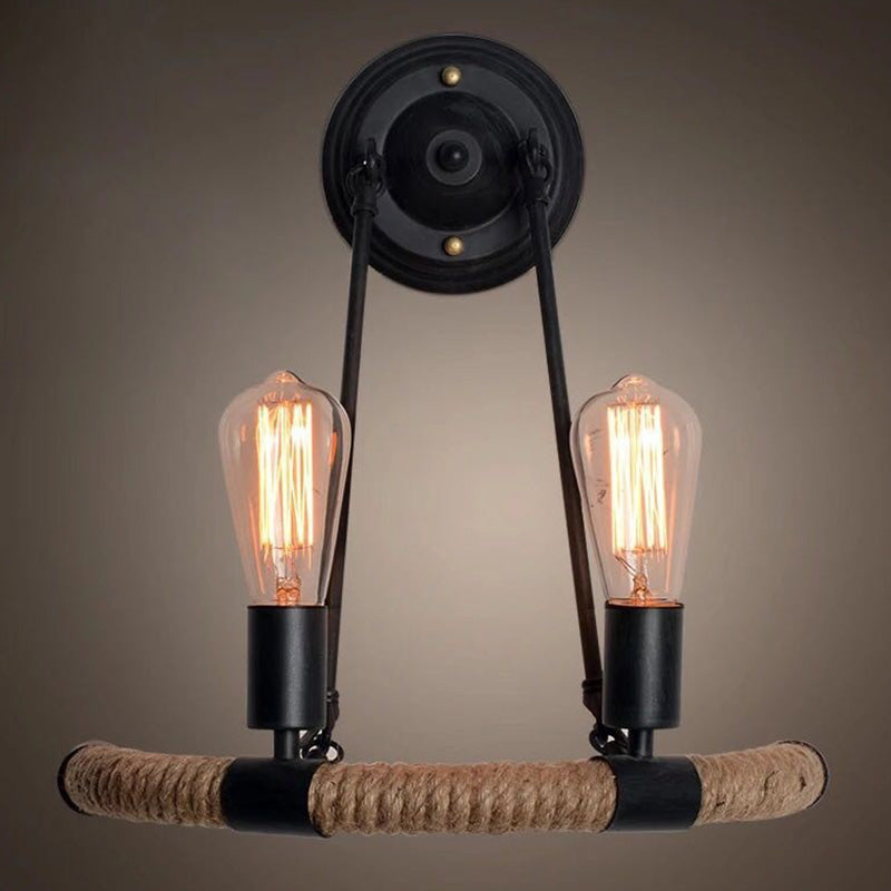 Lisslune | 2-Head Bow Wall Light Industrial Design Black Hemp Rope Wall Lighting Fixture for Restaurant