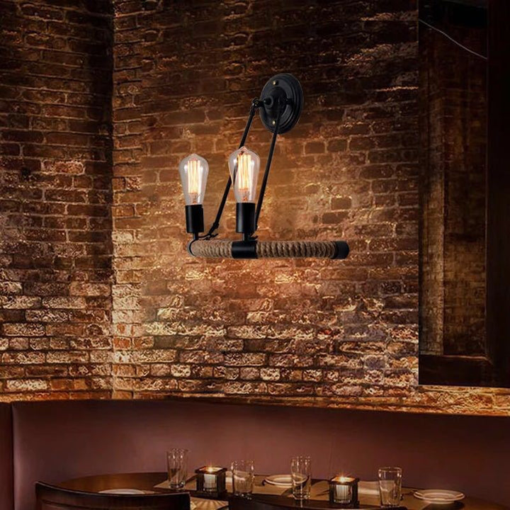 Lisslune | 2-Head Bow Wall Light Industrial Design Black Hemp Rope Wall Lighting Fixture for Restaurant