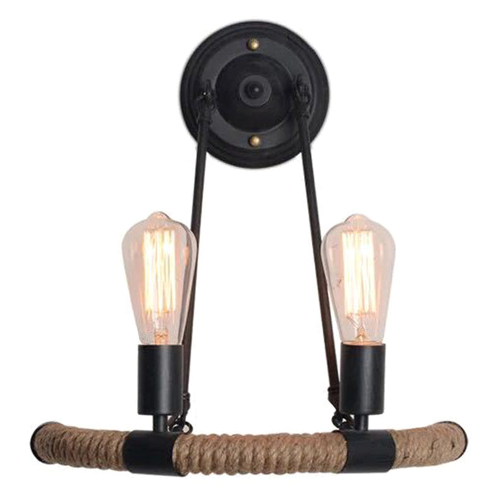 Lisslune | 2-Head Bow Wall Light Industrial Design Black Hemp Rope Wall Lighting Fixture for Restaurant