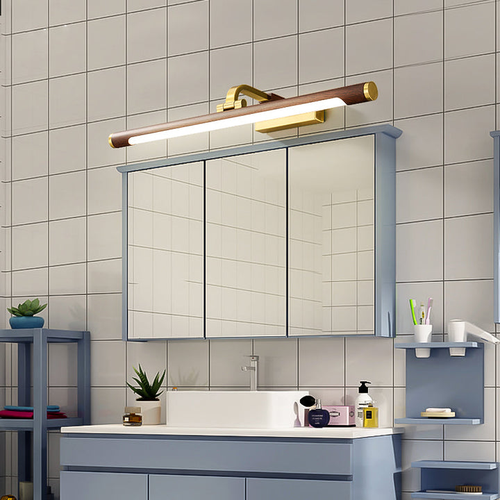 Skørter | Walnut Wood Grain Tube Wall Lamp Country Acrylic Bathroom LED Vanity Lighting with Brass Pivot Joint