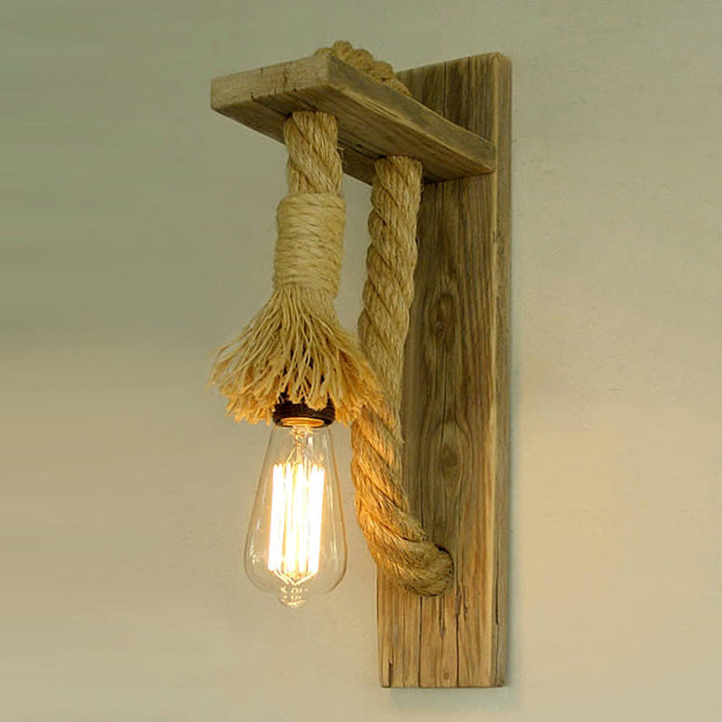 Lisslune | Single Bulb Wall Light Rustic Open Bulb Rope Wall Light with Wood Holder