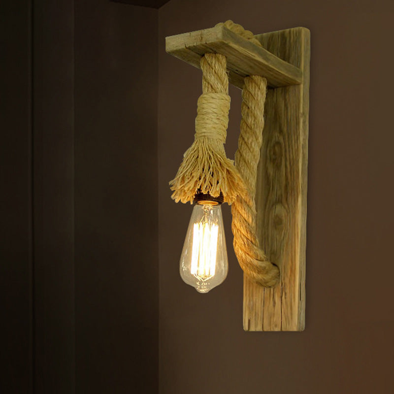 Lisslune | Single Bulb Wall Light Rustic Open Bulb Rope Wall Light with Wood Holder