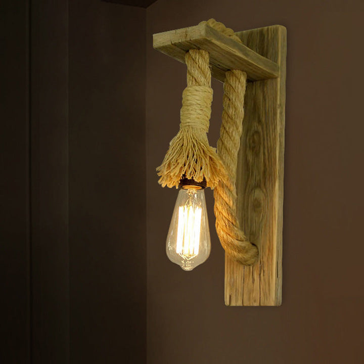 Lisslune | Single Bulb Wall Light Rustic Open Bulb Rope Wall Light with Wood Holder
