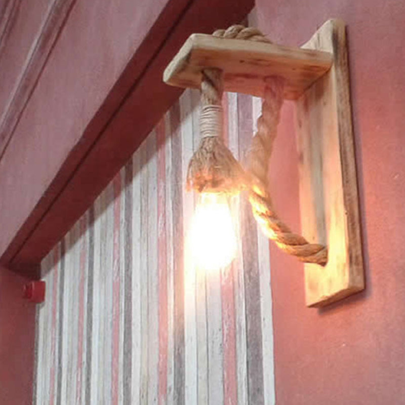 Lisslune | Single Bulb Wall Light Rustic Open Bulb Rope Wall Light with Wood Holder