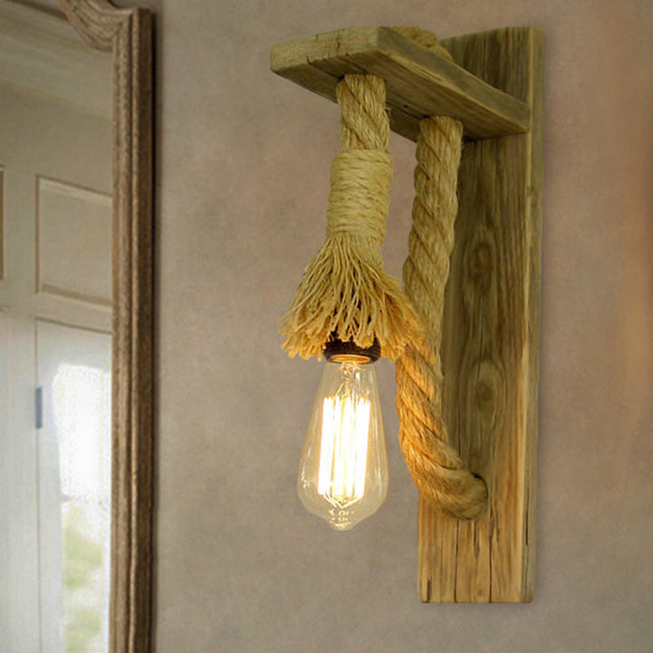 Lisslune | Single Bulb Wall Light Rustic Open Bulb Rope Wall Light with Wood Holder