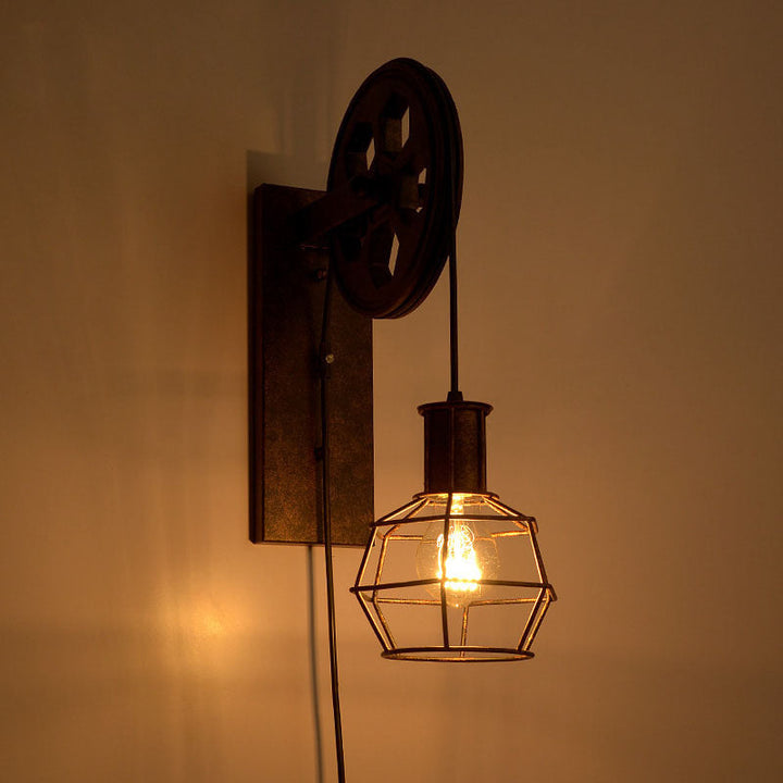 Lisslune | Spherical Wire Cage Foyer Wall Lamp Rustic Iron 1-Light Bedroom Wall Mount Lamp with Pulley