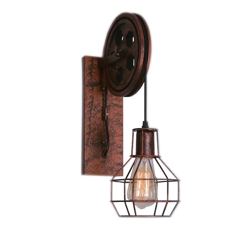 Lisslune | Spherical Wire Cage Foyer Wall Lamp Rustic Iron 1-Light Bedroom Wall Mount Lamp with Pulley