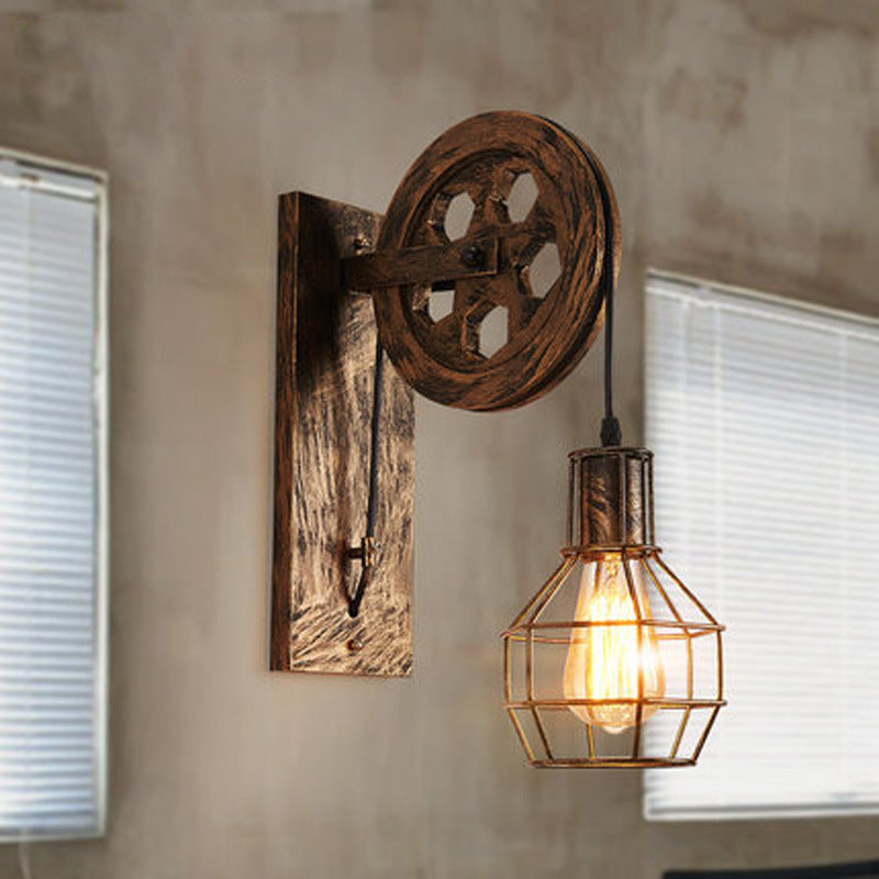 Lisslune | Spherical Wire Cage Foyer Wall Lamp Rustic Iron 1-Light Bedroom Wall Mount Lamp with Pulley