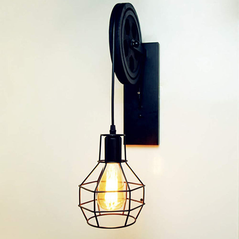 Lisslune | Spherical Wire Cage Foyer Wall Lamp Rustic Iron 1-Light Bedroom Wall Mount Lamp with Pulley