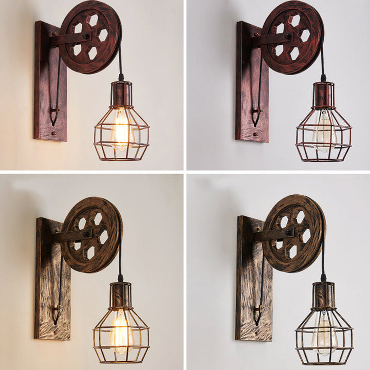Lisslune | Spherical Wire Cage Foyer Wall Lamp Rustic Iron 1-Light Bedroom Wall Mount Lamp with Pulley