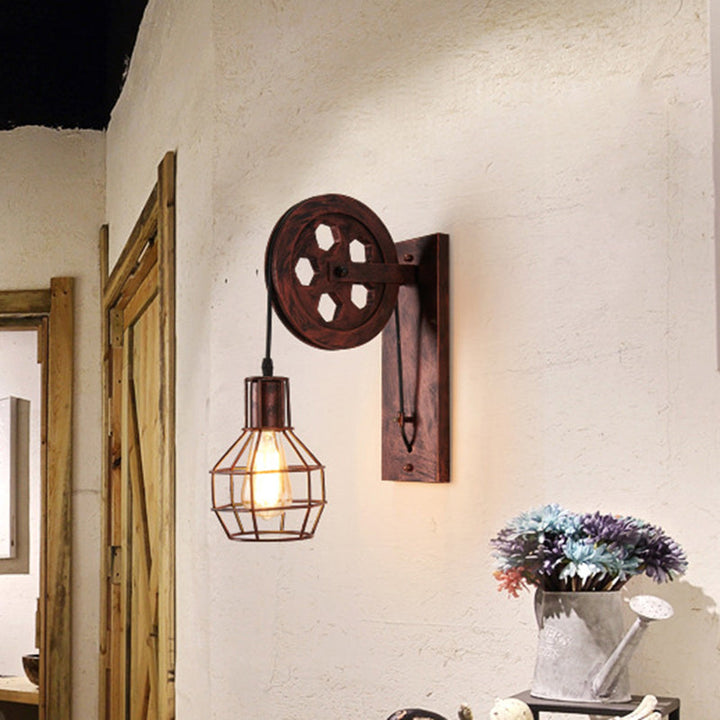 Lisslune | Spherical Wire Cage Foyer Wall Lamp Rustic Iron 1-Light Bedroom Wall Mount Lamp with Pulley