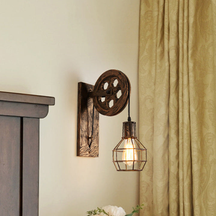 Lisslune | Spherical Wire Cage Foyer Wall Lamp Rustic Iron 1-Light Bedroom Wall Mount Lamp with Pulley
