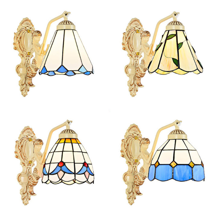 Lisslune | 1 Light Wall Sconce Baroque Dome/Cone Beige Glass Wall Mount Lighting with Leaf/Stone/Flower Pattern