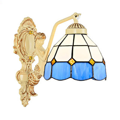 Lisslune | 1 Light Wall Sconce Baroque Dome/Cone Beige Glass Wall Mount Lighting with Leaf/Stone/Flower Pattern