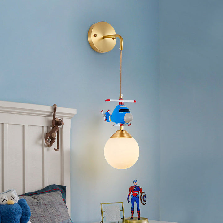 Lisslune | Milk glass ball wall hanging lamp postmodern 1-bulb gold wall light with helicopter decor