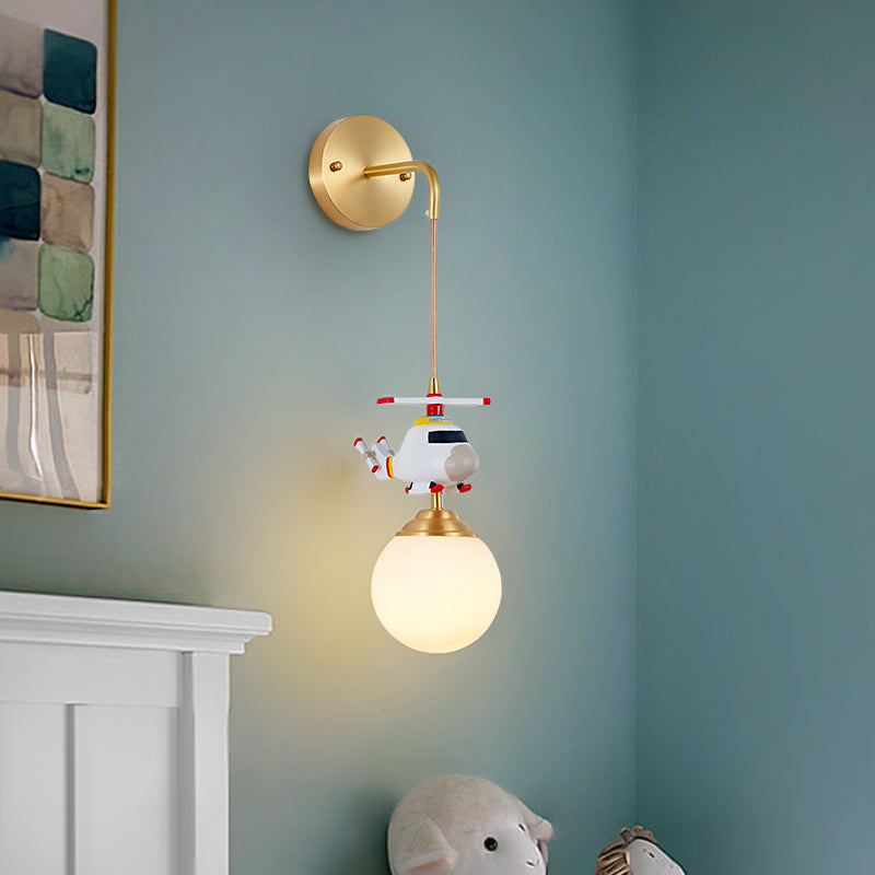 Lisslune | Milk glass ball wall hanging lamp postmodern 1-bulb gold wall light with helicopter decor