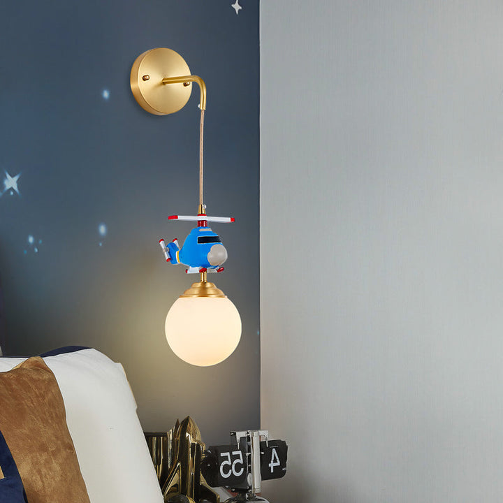 Lisslune | Milk glass ball wall hanging lamp postmodern 1-bulb gold wall light with helicopter decor