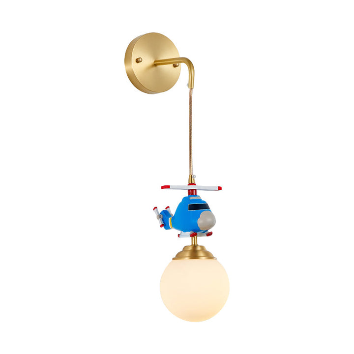 Lisslune | Milk glass ball wall hanging lamp postmodern 1-bulb gold wall light with helicopter decor