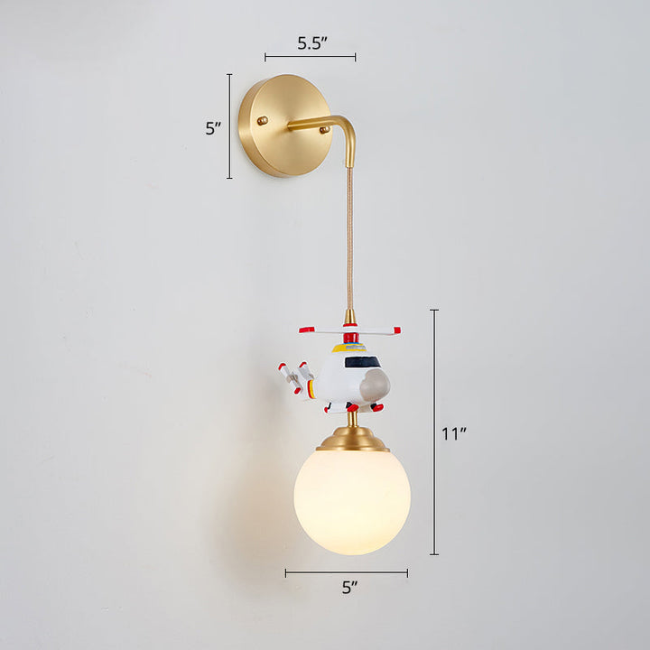 Lisslune | Milk glass ball wall hanging lamp postmodern 1-bulb gold wall light with helicopter decor