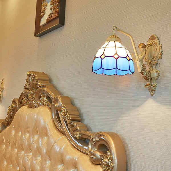 Lisslune | 1 Light Wall Sconce Baroque Dome/Cone Beige Glass Wall Mount Lighting with Leaf/Stone/Flower Pattern