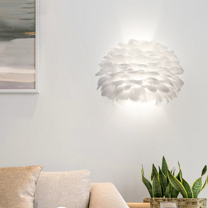 Lisslune | White Semi-Dome Up and Down Light Nordic Single Feather Ceiling Light Wall Lamp for Bedroom