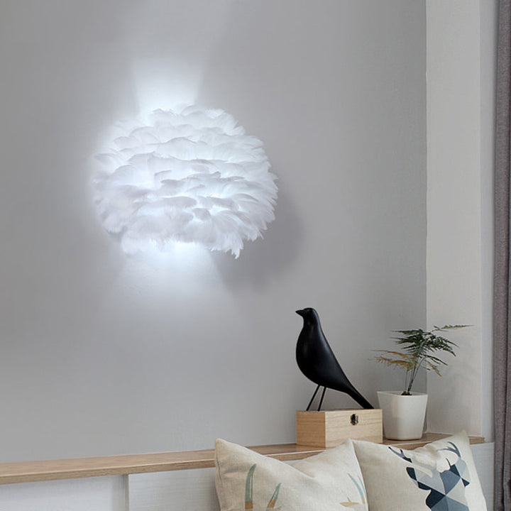 Lisslune | White Semi-Dome Up and Down Light Nordic Single Feather Ceiling Light Wall Lamp for Bedroom