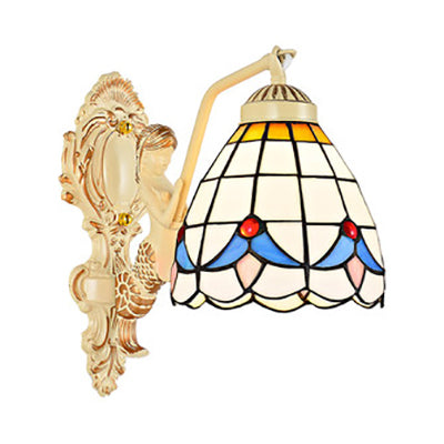 Lisslune | 1 Light Wall Sconce Baroque Dome/Cone Beige Glass Wall Mount Lighting with Leaf/Stone/Flower Pattern