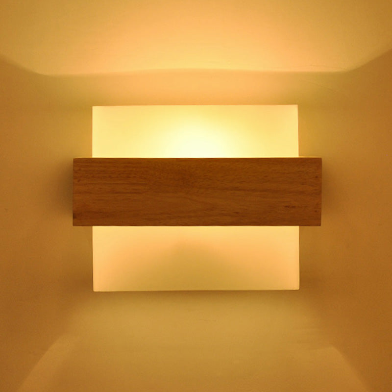 Lisslune | Square Hall Wall Lighting Fixture White Glass 1-Light Simple Style Wall Lamp with Wooden Frame