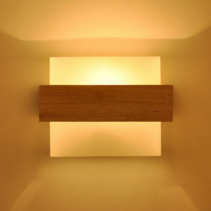 Lisslune | Square Hall Wall Lighting Fixture White Glass 1-Light Simple Style Wall Lamp with Wooden Frame