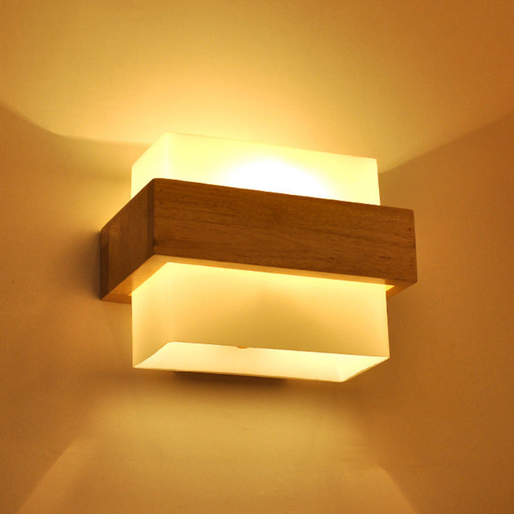 Lisslune | Square Hall Wall Lighting Fixture White Glass 1-Light Simple Style Wall Lamp with Wooden Frame