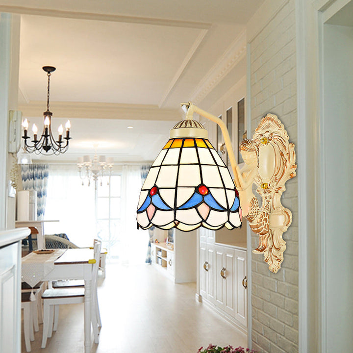 Lisslune | 1 Light Wall Sconce Baroque Dome/Cone Beige Glass Wall Mount Lighting with Leaf/Stone/Flower Pattern