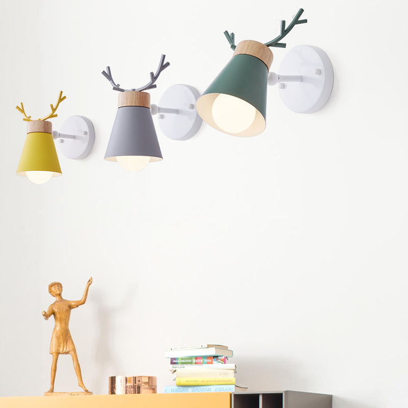 Lisslune | Rotating Cone Shade Wall Lamp Nordic Metal 1-Light Children's Room Reading Lamp with Antler Decor
