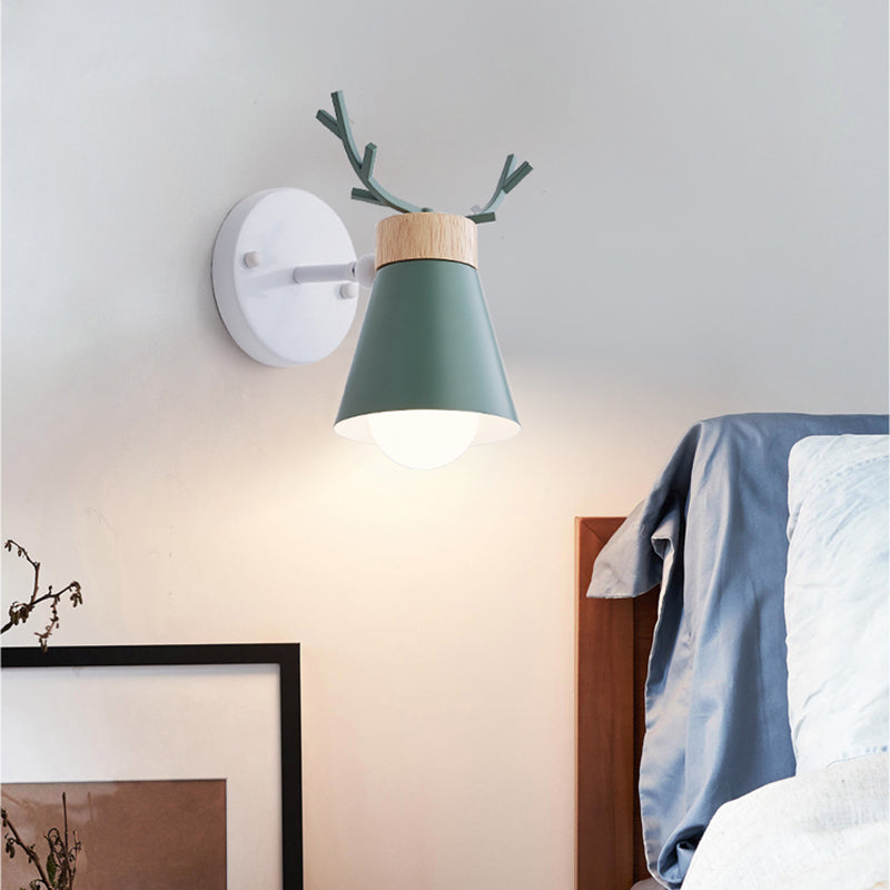 Lisslune | Rotating Cone Shade Wall Lamp Nordic Metal 1-Light Children's Room Reading Lamp with Antler Decor