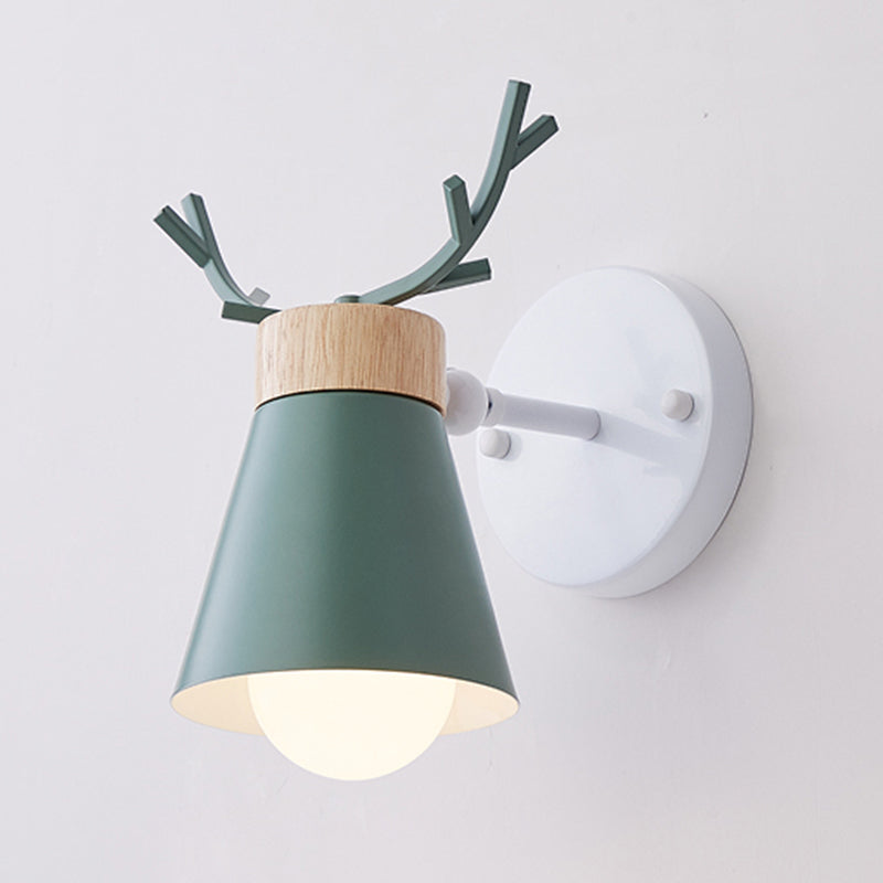 Lisslune | Rotating Cone Shade Wall Lamp Nordic Metal 1-Light Children's Room Reading Lamp with Antler Decor