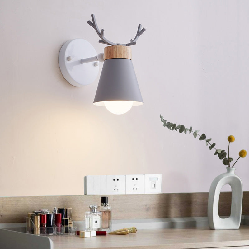 Lisslune | Rotating Cone Shade Wall Lamp Nordic Metal 1-Light Children's Room Reading Lamp with Antler Decor