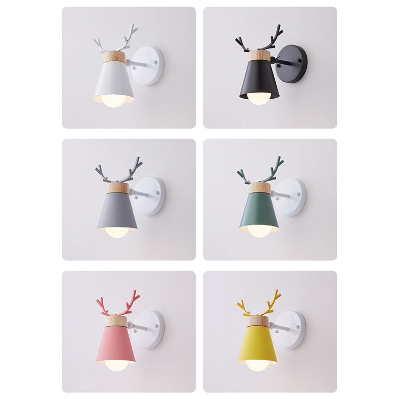 Lisslune | Rotating Cone Shade Wall Lamp Nordic Metal 1-Light Children's Room Reading Lamp with Antler Decor