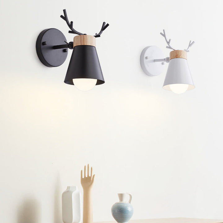 Lisslune | Rotating Cone Shade Wall Lamp Nordic Metal 1-Light Children's Room Reading Lamp with Antler Decor