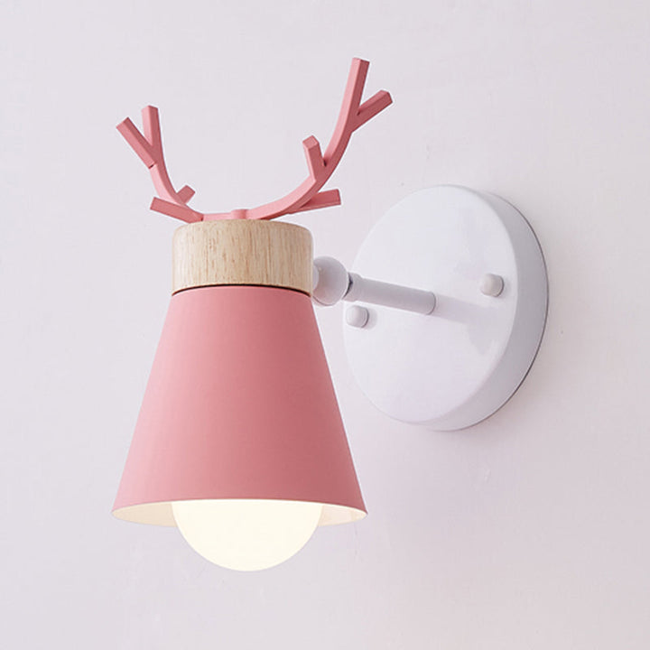 Lisslune | Rotating Cone Shade Wall Lamp Nordic Metal 1-Light Children's Room Reading Lamp with Antler Decor